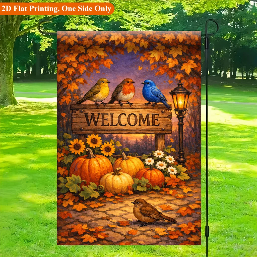 2D Flat - 2D Flat - 2D Flat Printed Garden Flag 1 Pack, Fall Bird and Pumpkin Garden Flag -, for Home and Garden, Holiday Decor, Durable Polyester, 11.8X17.7 Inches, Without Flagpole