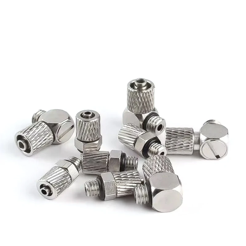 Encaixe rápido da mangueira de ar da tubulação pneumática, Mini conector, Latão niquelado, Rosca Macho PL6M5, Tubo M3 M6, 4mm, Cotovelo de 6mm, 5 peças