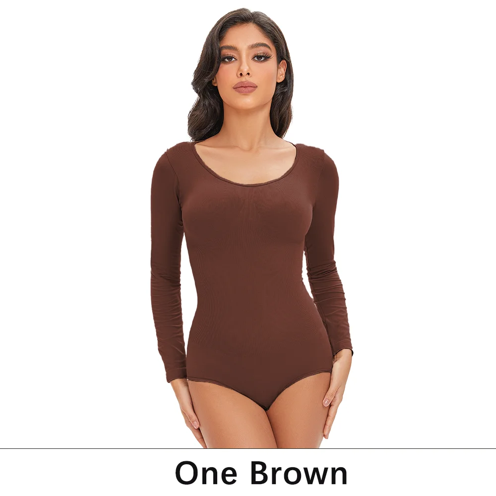 POKARLA Spandex Elastischer Bodysuit Shapewear Damen Körperformer Bauchkontrolle Langarm Offener Schritt Rundhals Nahtlose Shapewear