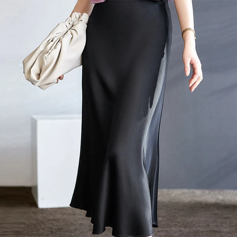 Spring Autumn High Waist Elegant Fashion Satin Skirt Office Lady Temperament Solid Simple All-match Folds Skirts Female Clothes