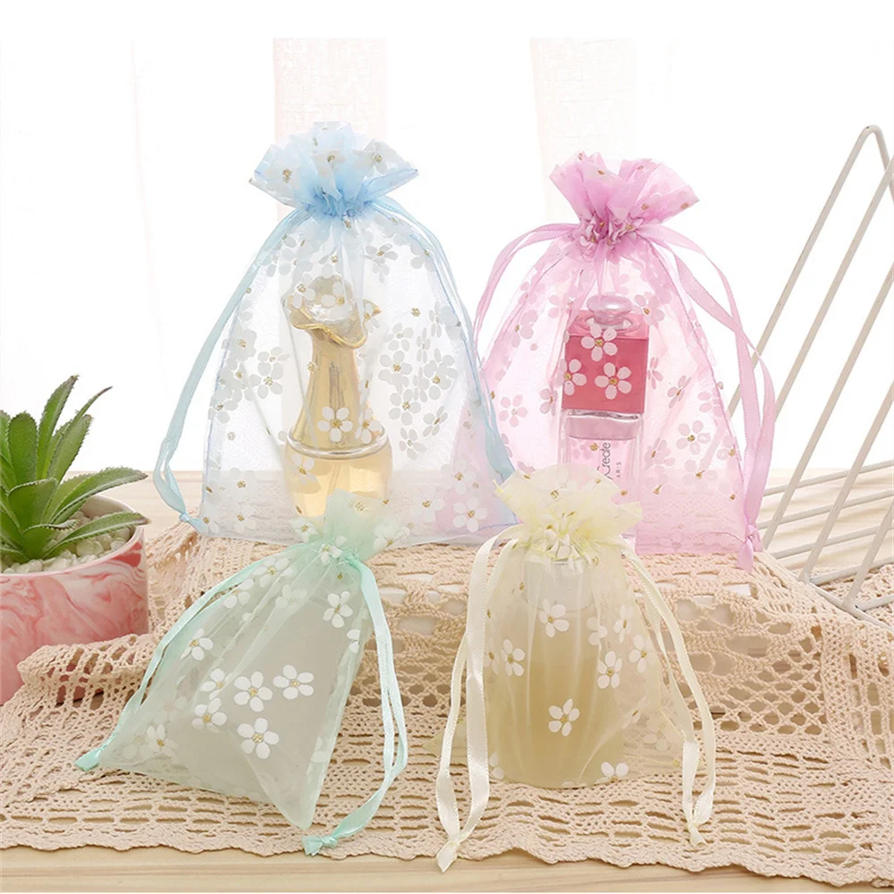 Drawstring Gift Bags Floral Display Bag for Jewelry Packing Adjustable Drawstring Pouch Wedding Gifts Organza Party