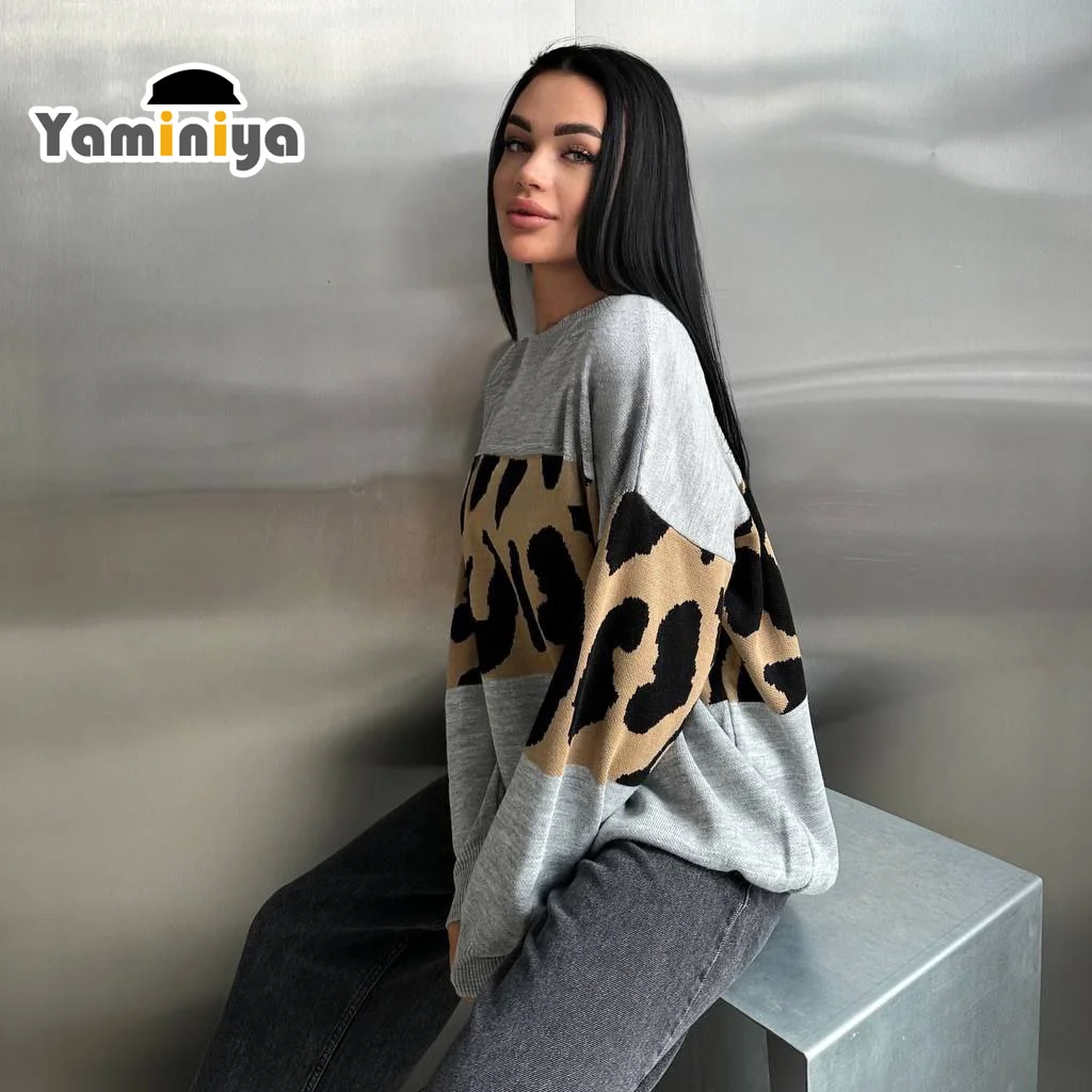 Sweter zimowy z długim rękawem O-Neck Casual Print Stitching Leopard Damski sweter z dzianiny w panterkę Luźna dzianina znosić 2024 NOWOŚĆ