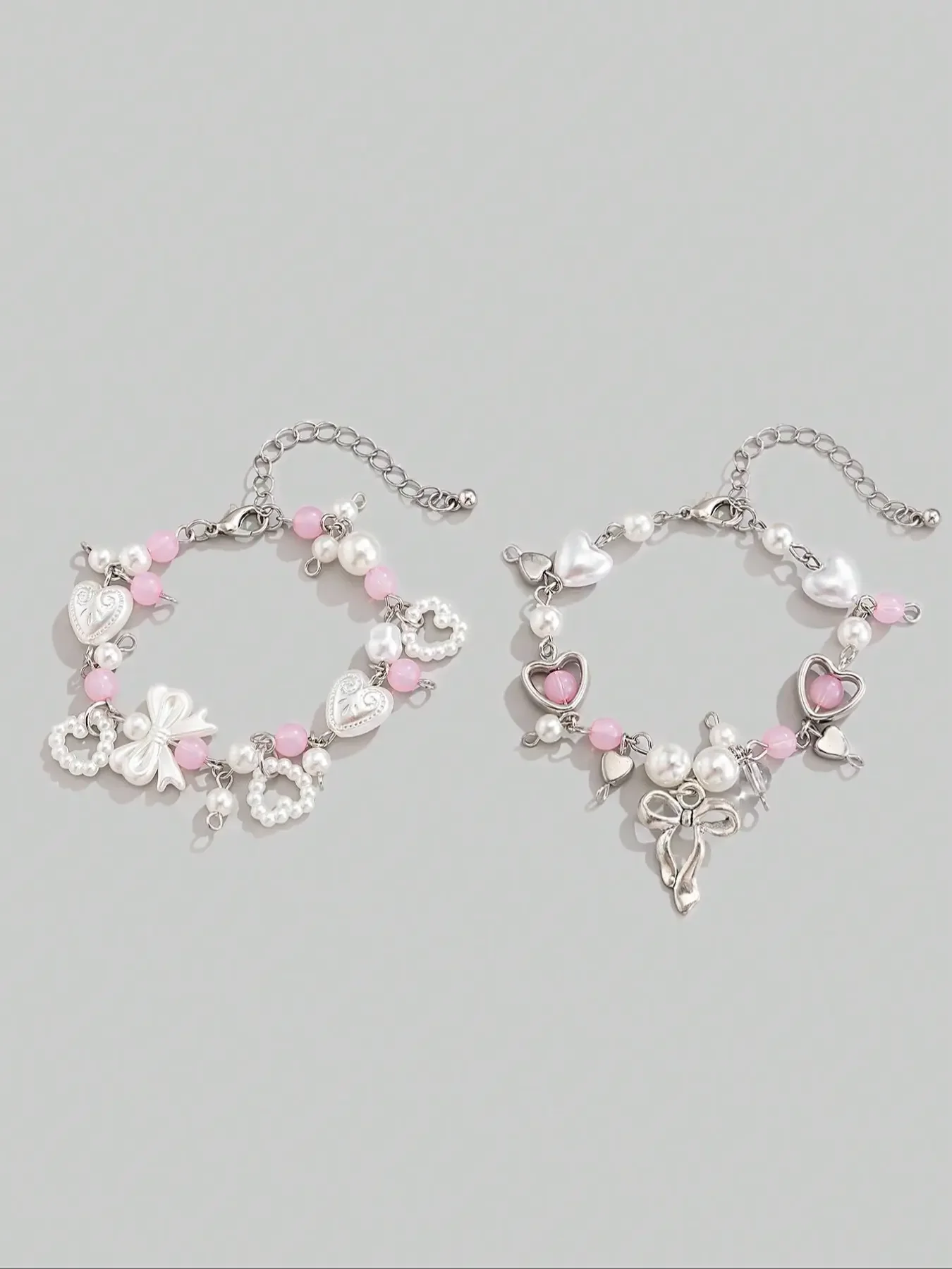 Mother's Day Gift Cute Sweetheart Bow Pendant Imitation Pearl Pretty Bracelet Set, Beautiful Bracelets, Festive Gift Set, Faux Pearl Jewelry, 2 Pieces for Friends Couples Gift, Perfect Valentine's Day Present