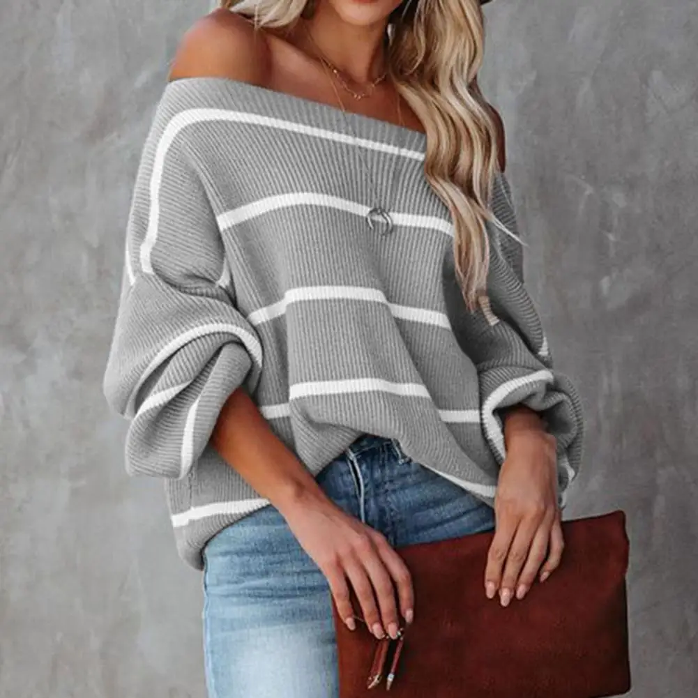 Sexy Women Sweater Lantern Sleeve Loose Fit Ribbed Cuffs Autumn Winter Sexy Off Shoulder Striped Print Sweater Jumper Streetwear