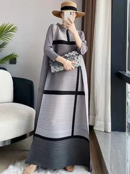 ANLAN Miyake Pleated Formal Dress For Women 2025 New Color Block Casual Fashion Coat Long Skirt Loose Evening Party Dresses