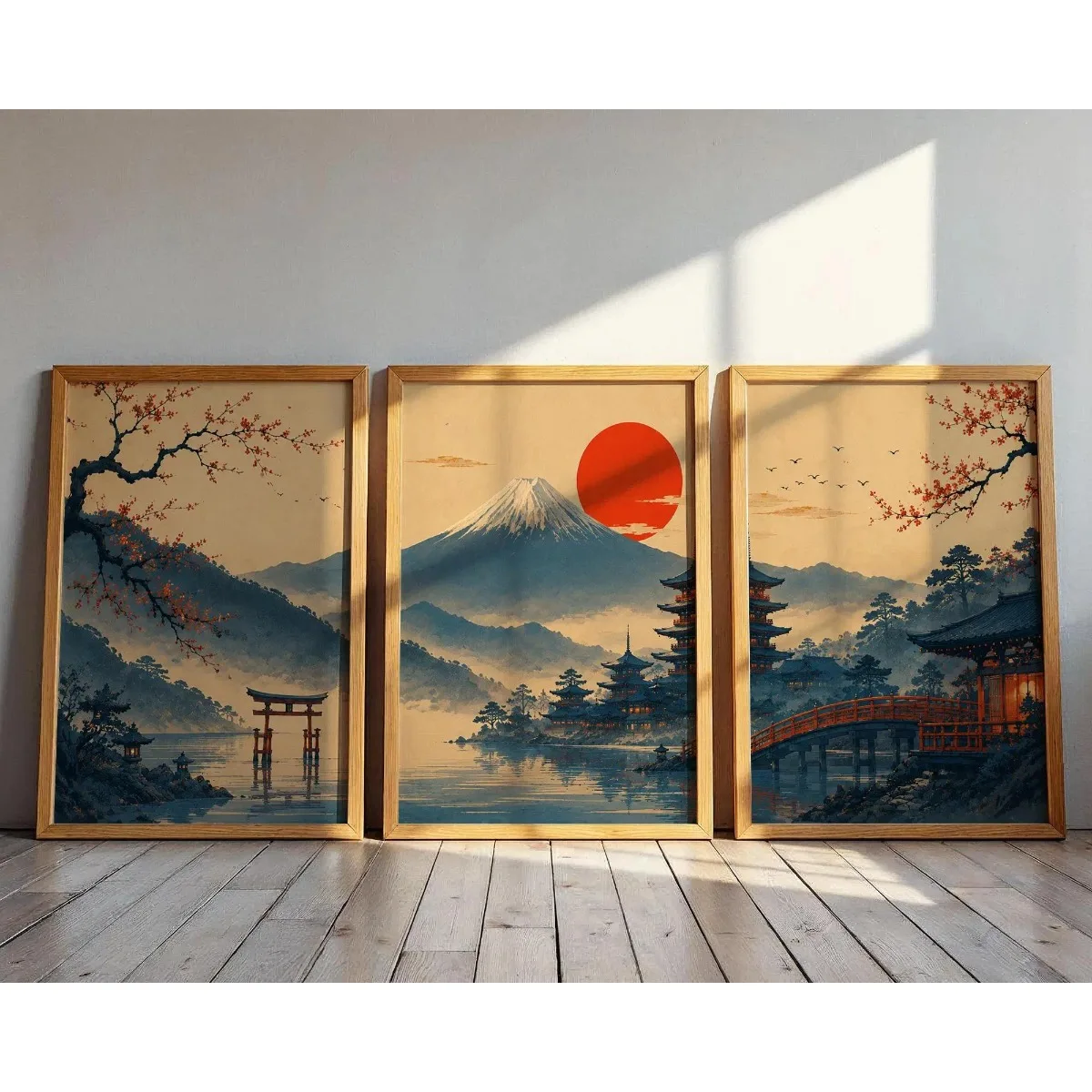 3pcs/set Japanese Vintage Landscape Canvas Prints Poster Mount Fuji Cherry Blossom Torii Gate Art Prints Living Room Home Decor