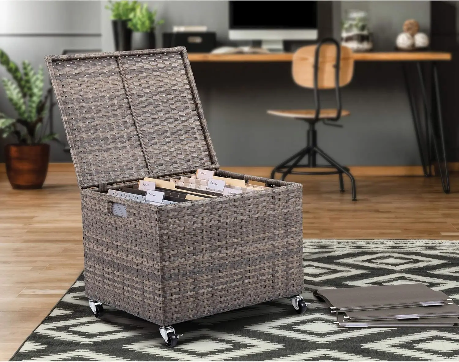 Rolling File Box - Storage Cabinet with Wheels - Weatherproof Rattan-Style Resin Deck Chest for Garden, Home and Office