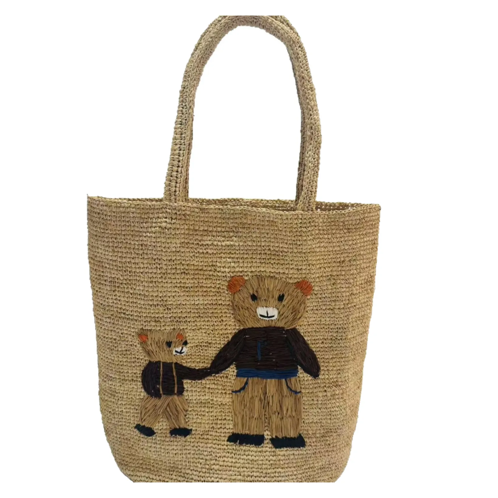 Women Raffia Straw Tote Bag Cute Bear Pattern Woven Shoulder Bag Summer Beach Vacation Handbag Large Capacity Casual Shopper Bag
