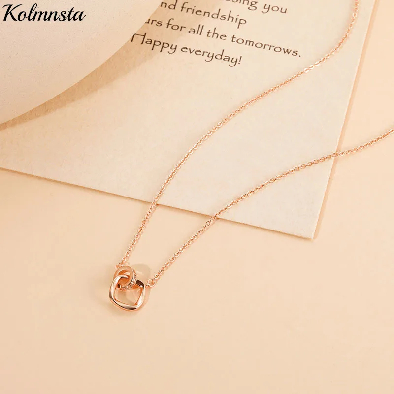 Kolmnsta Circle Square Shape Zirconia Necklace For Women Rose Gold Color Long Pendant Necklaces Clavicle Chain Wedding Jewelry