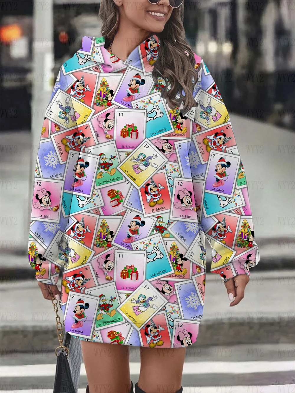 New Disney cartoon pattern series printed fashionable women 2024 loose hooded skirt dress retro hoodie