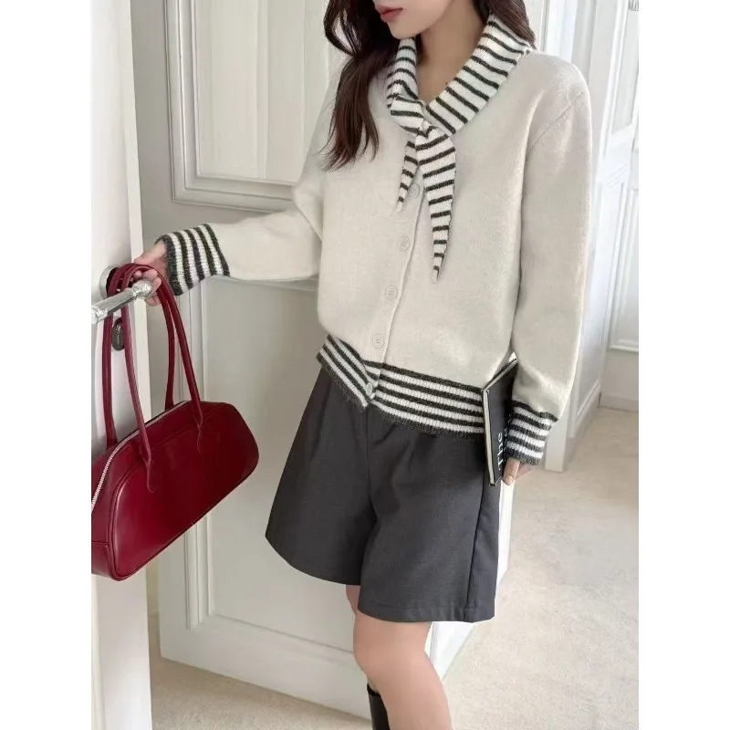 Полосатый контрастный цвет, повседневный вязаный кардиган, женская куртка с шарфом и воротником, куртка, осень-зима 2022, новый топ