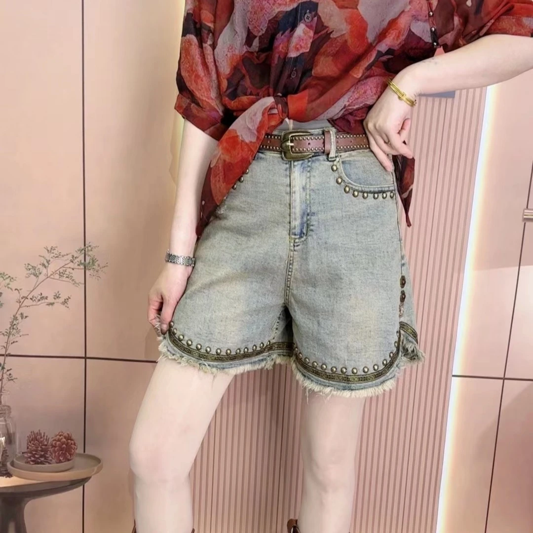 

Универсальные нейтральные брюки с высокой талией в стиле ретро для похудения, летние широкие брюки, повседневные брюки с заклепками, женские обхватки с высокой талией