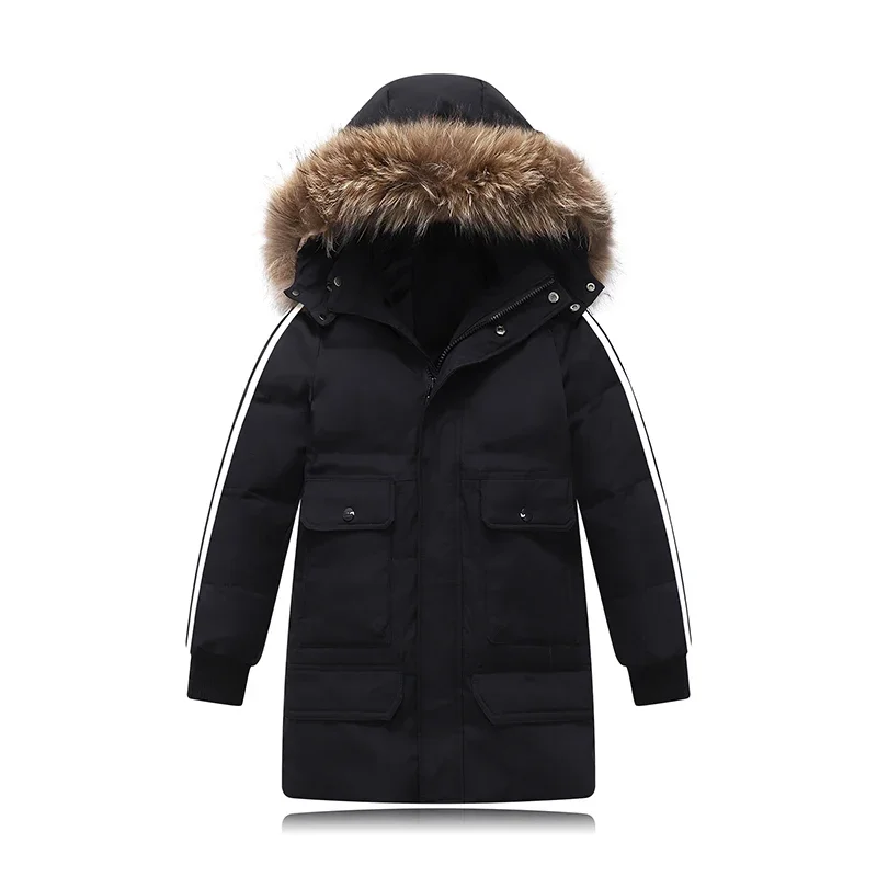 Boys Medium Length Down Jacket Blue Red Black Baby Thickened Coat Big Childrens Kids Fur Collar Hooded Jacket Clothes Winter