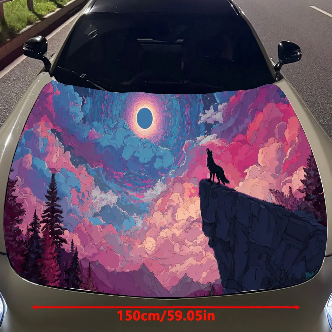 Peaceful Mountain Wolf Car Hood Stickers - Self-Adhesive, Waterproof and Durable Vinyl Wrap, Decorate And Protect Your Car, Fit