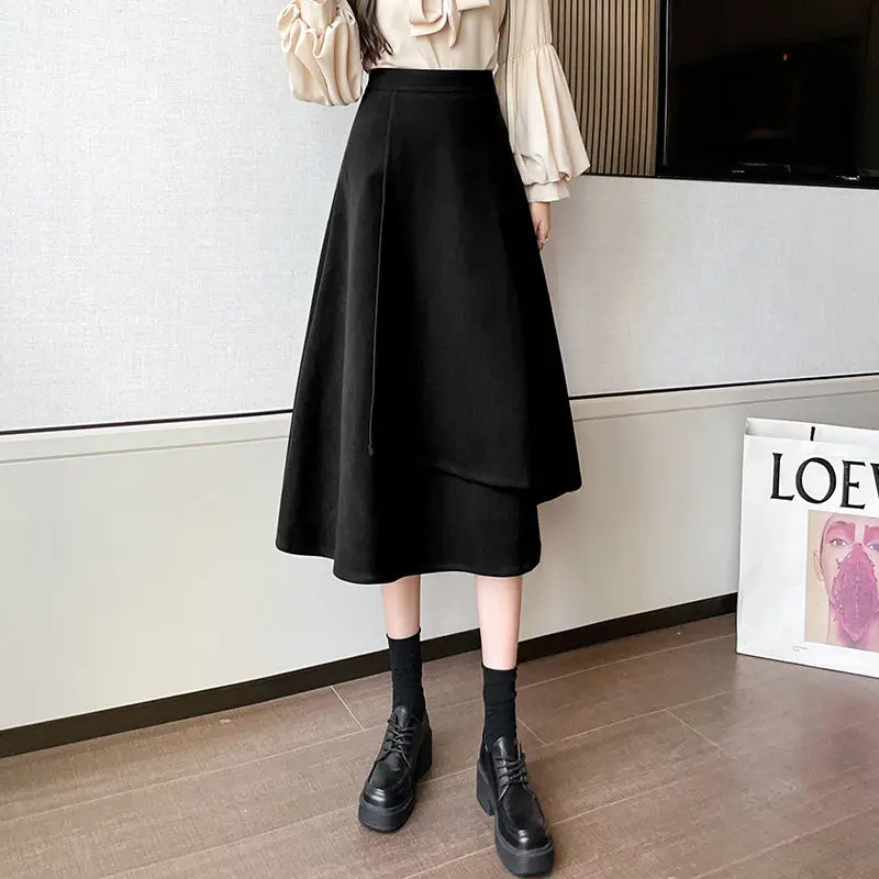 

A-line Elegant Irregular Woolen Half Skirt Office Lady Loose Waist Slim Half Skirts 2023 Autumn Winter Fashion Women Half Skirts