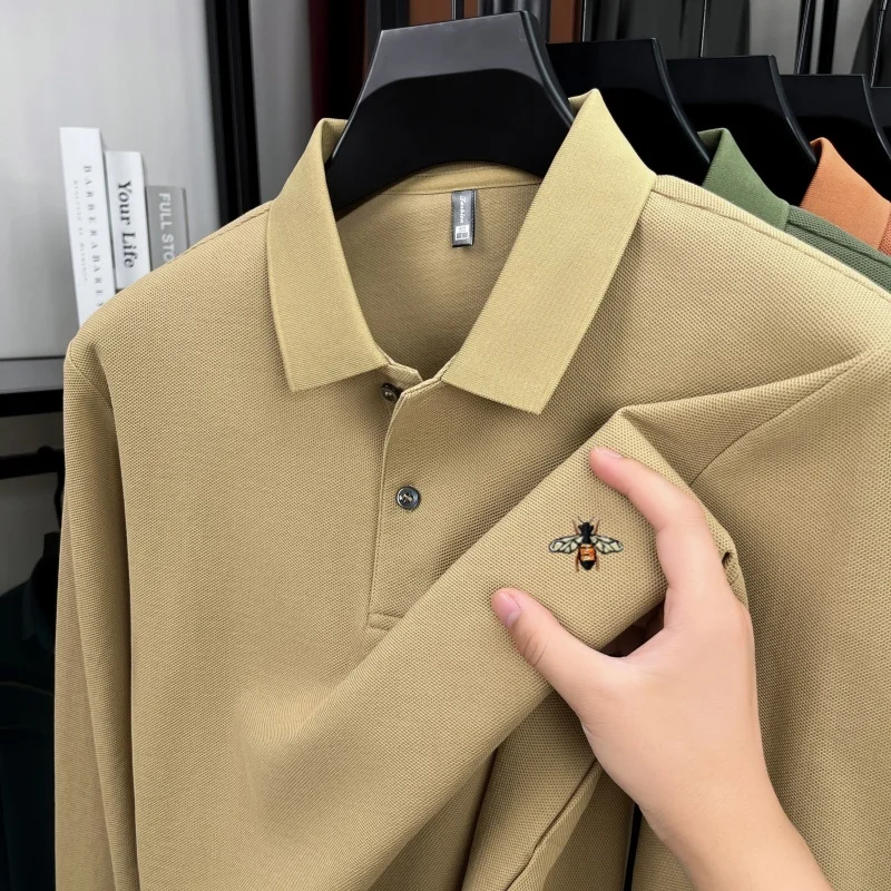 

100% pure cotton high-end brand men's long sleeved polo shirt popular spring autumn fashion bee embroidery top original T-shirt