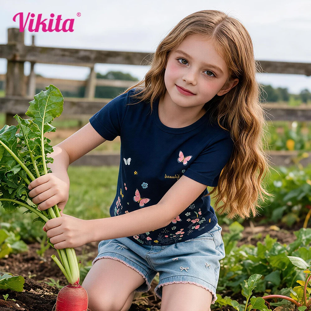 Vikita Mädchen Schmetterling Cartoon Druck T-Shirt Kinder Kurzarm Sommer T-Shirts Mädchen täglich Baumwolle lässig Schule Tops und T-Shirts