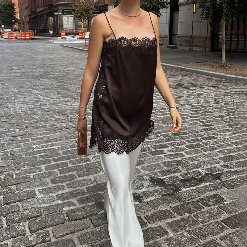 

Tornova Lace Sling Top 2 Piece Set For Women Satin Splice Sleeveless Sexy Camis Long High Waist Skirt Elegant Dress Sets Female