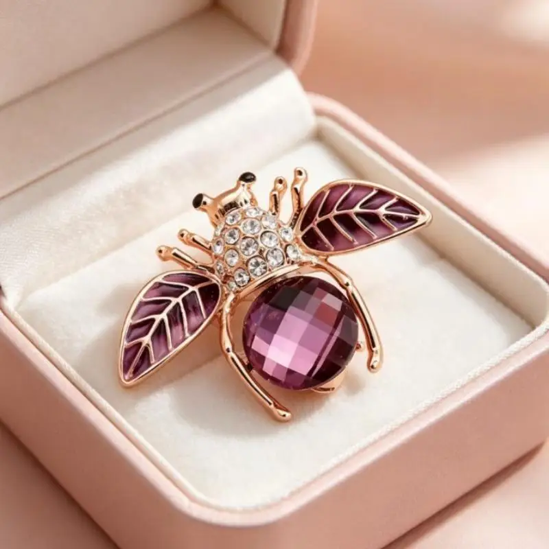 Rose Gold Plated Purple Crystal Bee Brooch With Rhinestone Enamel Wings For Wedding Party Daily Wear