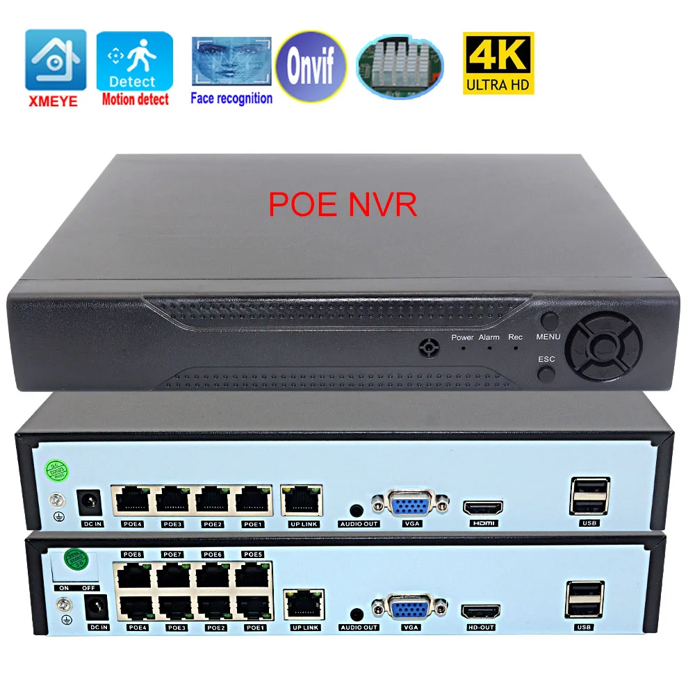 4/8 Channel Network Video Recorder 4K POE NVR Support Face Detect Audio P2P For Xmeye/Onvif POE 8MP 5MP 1080P Security IP Camera