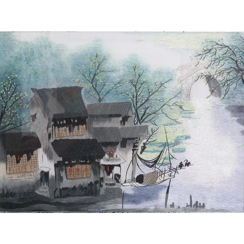 

Chinese Silk Su Embroidery DIY Kit Water Town Pattern for Beginners Self Stitch Material Pack with Embroidery Hoop