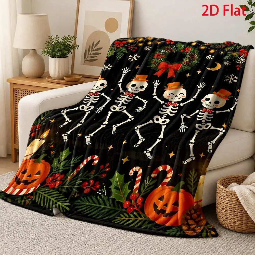 2D Flat, 280Gsm, Flannel Blanket with Dancing Skeletons In Halloween Costume Pattern, Flannel Fleece Blanket with Retro Poster Illustration Of Joyful Skull Characters, Throw Blanket with Deep Black Background And, 2D Flat