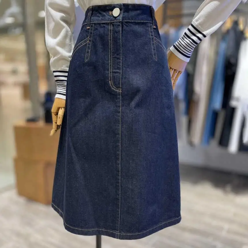

High Waist A-Line Skirt Women's Spring Autumn Denim Patchwork Slimming Skirts Retro Deep Blue Commute Sle Midi Skirt