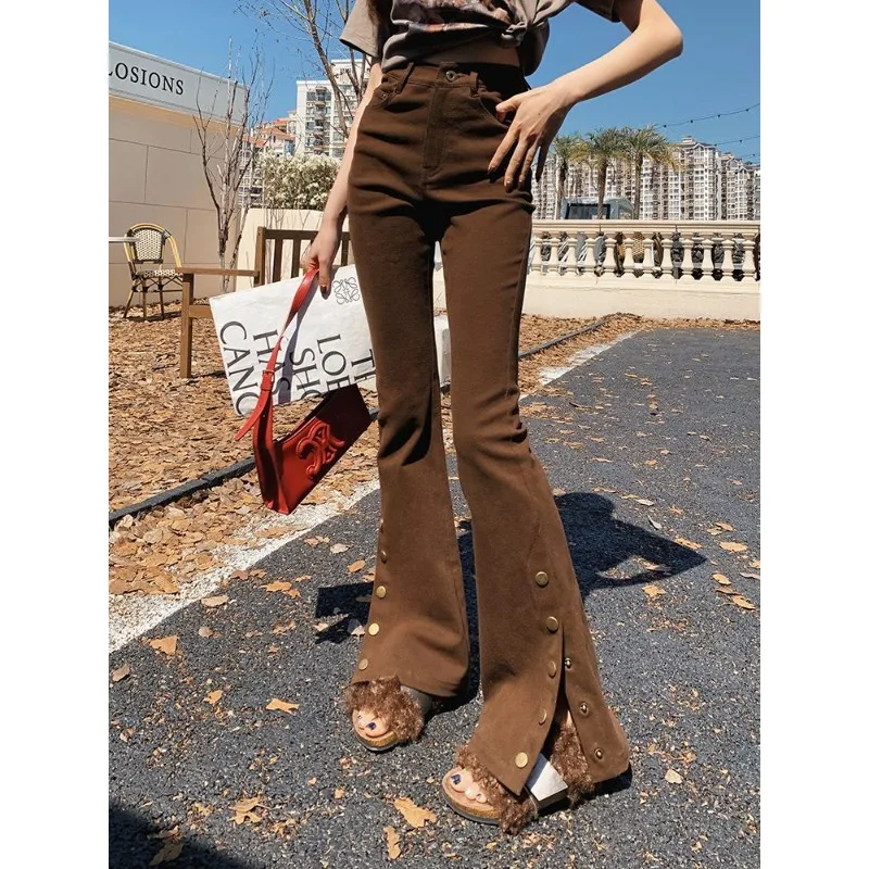 American Skinny Flared Pants Women's 2026 Autumn and Winter Maillard Vintage Brown Coffee Slim-fit Slim Pants