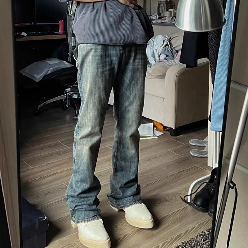 Retro American High Street Bootcut Jeans Faded Mud Washed Micro Flared Mid Waist Baggy Oversized Cleanfit Casual Denim Pants
