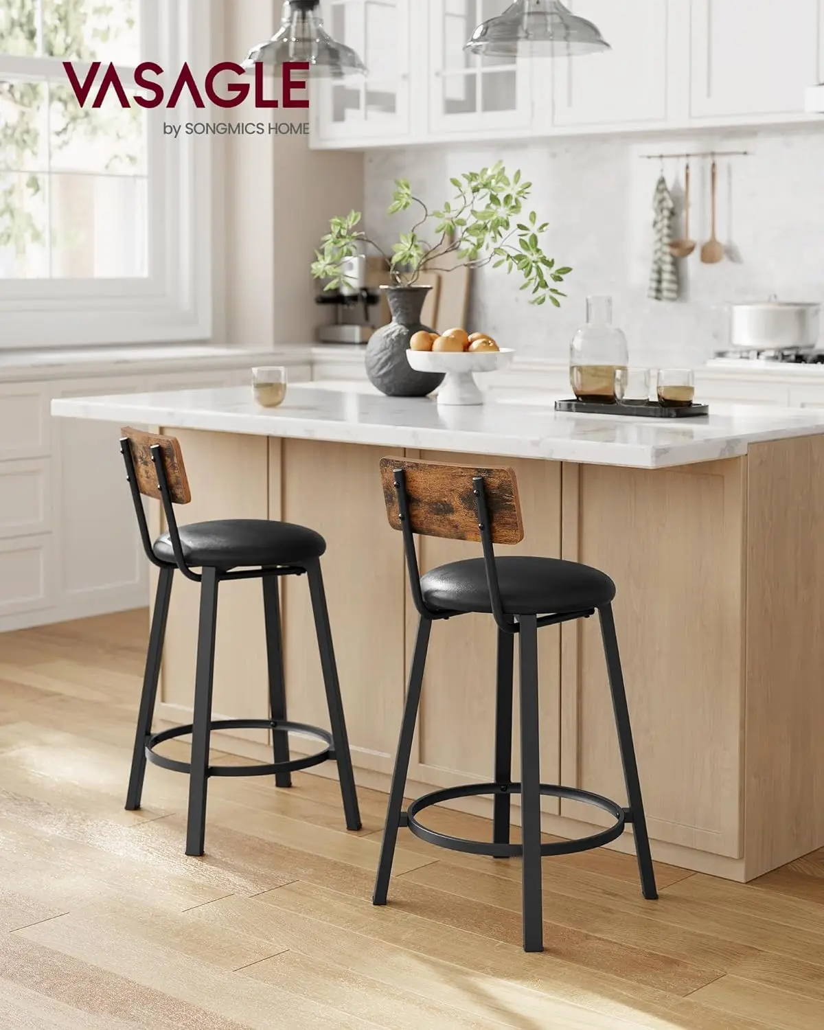  Bar Stools, Set of 2 PU Upholstered Breakfast Stools, 29.7 Inches Barstools with Back and Footrest, Simple Assembly