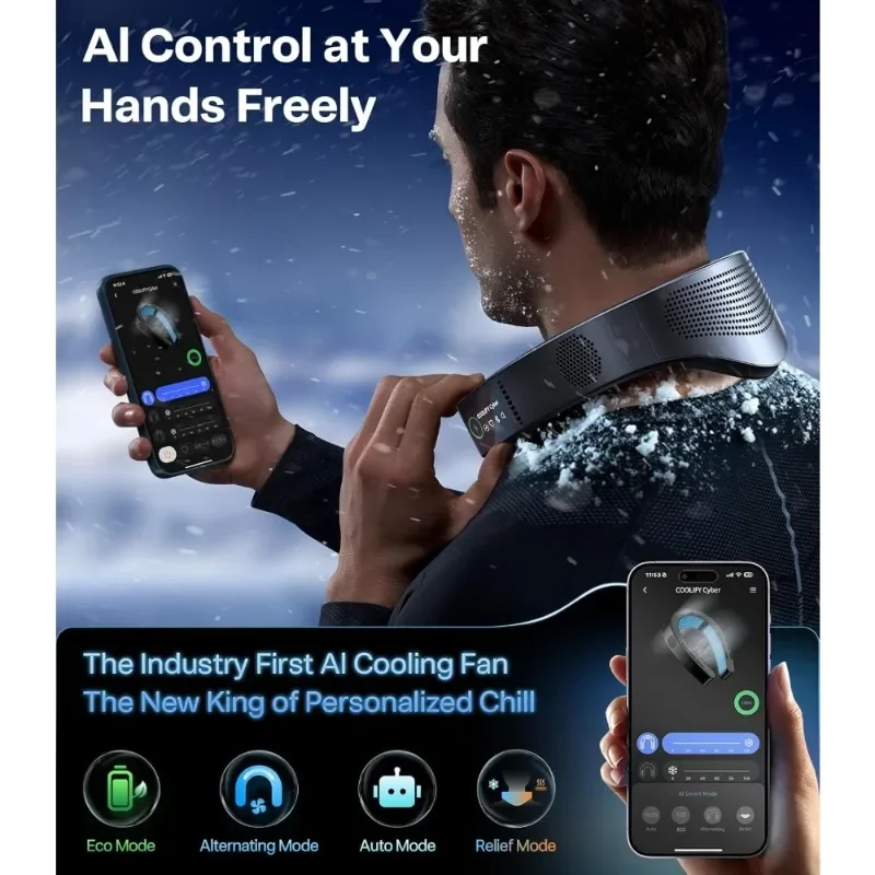 مطعم.2025 مكيف هواء Top Al Neck Fan Coolify Cyber، مراوح الرقبة المحمولة التي تهب الهواء البارد، رقم 1 أروع، 720 ° غامرة
