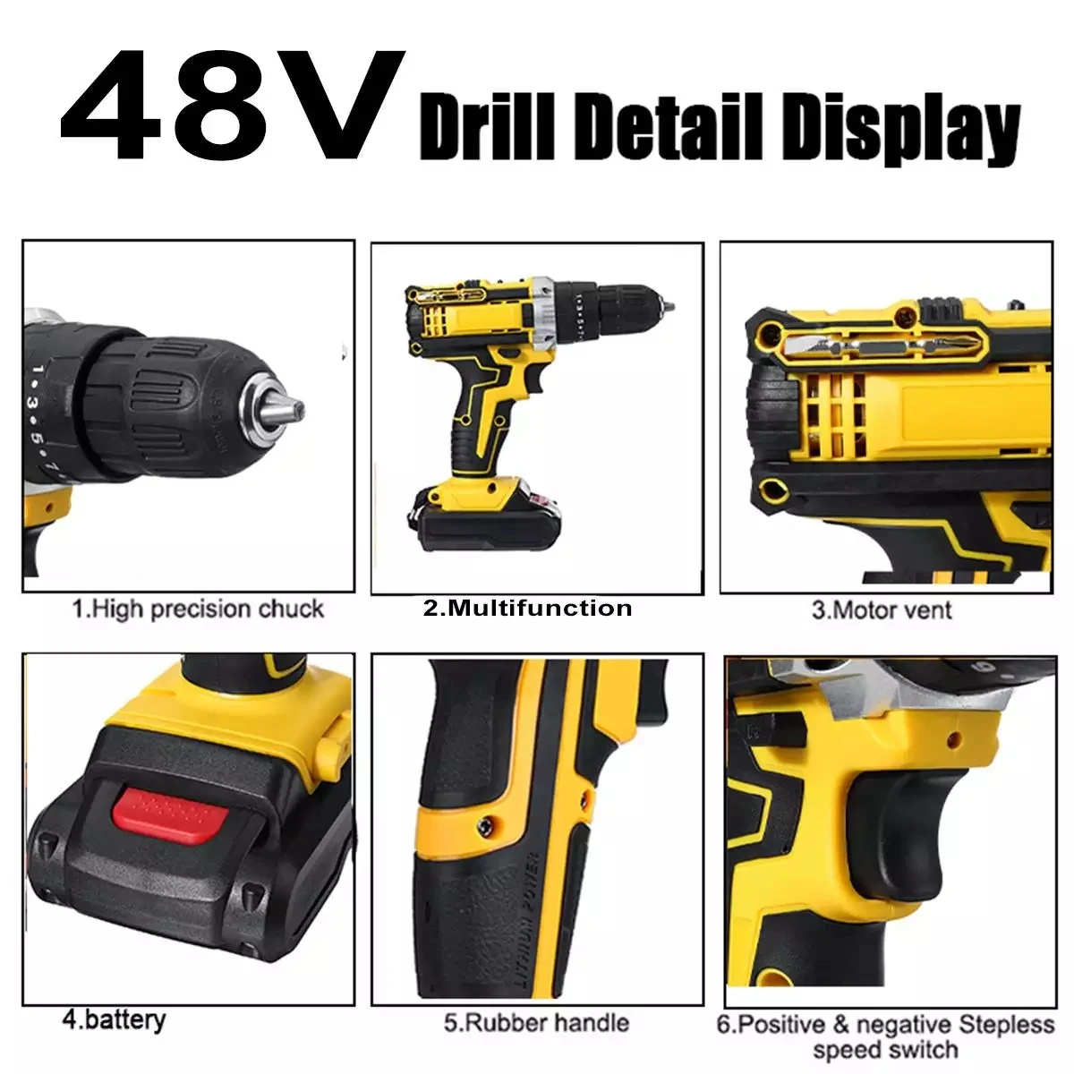 48W 48V Variable 18-Speed Adjustment Impact Cordless Electric Drill Screw Screwdriver Machine Tool Hammer Drill Lithium Battery