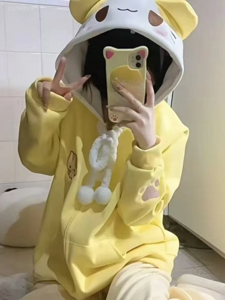 Kawaii Cute Preppy Style Cartoon Embroidery Hoodie Women Y2k Aesthetic Patchwork Pocket Hoody Casual Grunge Zipper Sweatshirts