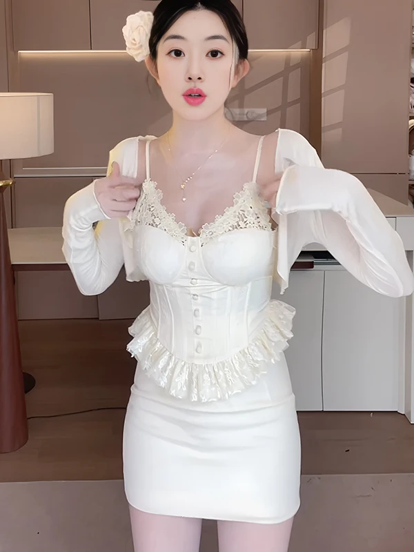 

Fashionable Lace Crop Top And Short Skirt Three-Piece Set for Women Summer New Style Sexy Pure Desire Strapless Cardigan Set
