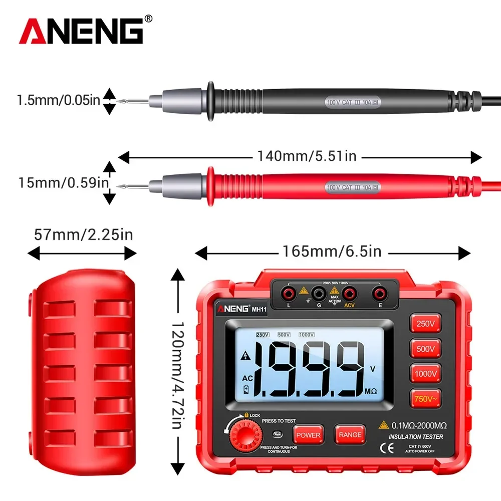 ANENG MH11 Isolatieweerstand 2000MΩ WeerstandsmetersTesters Ohm Hoogspanning Megohmmeter Ohmer Gauge Niet-batterijgereedschap