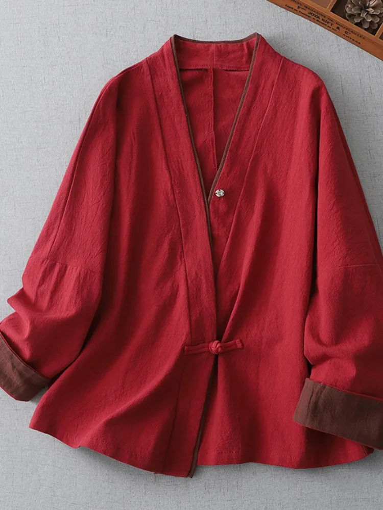 

Retro Chinese Zen Sle Women's Workwear Jaet Cotton Linen Spring Intersect Collar Improved Hanfu Button Outerwear