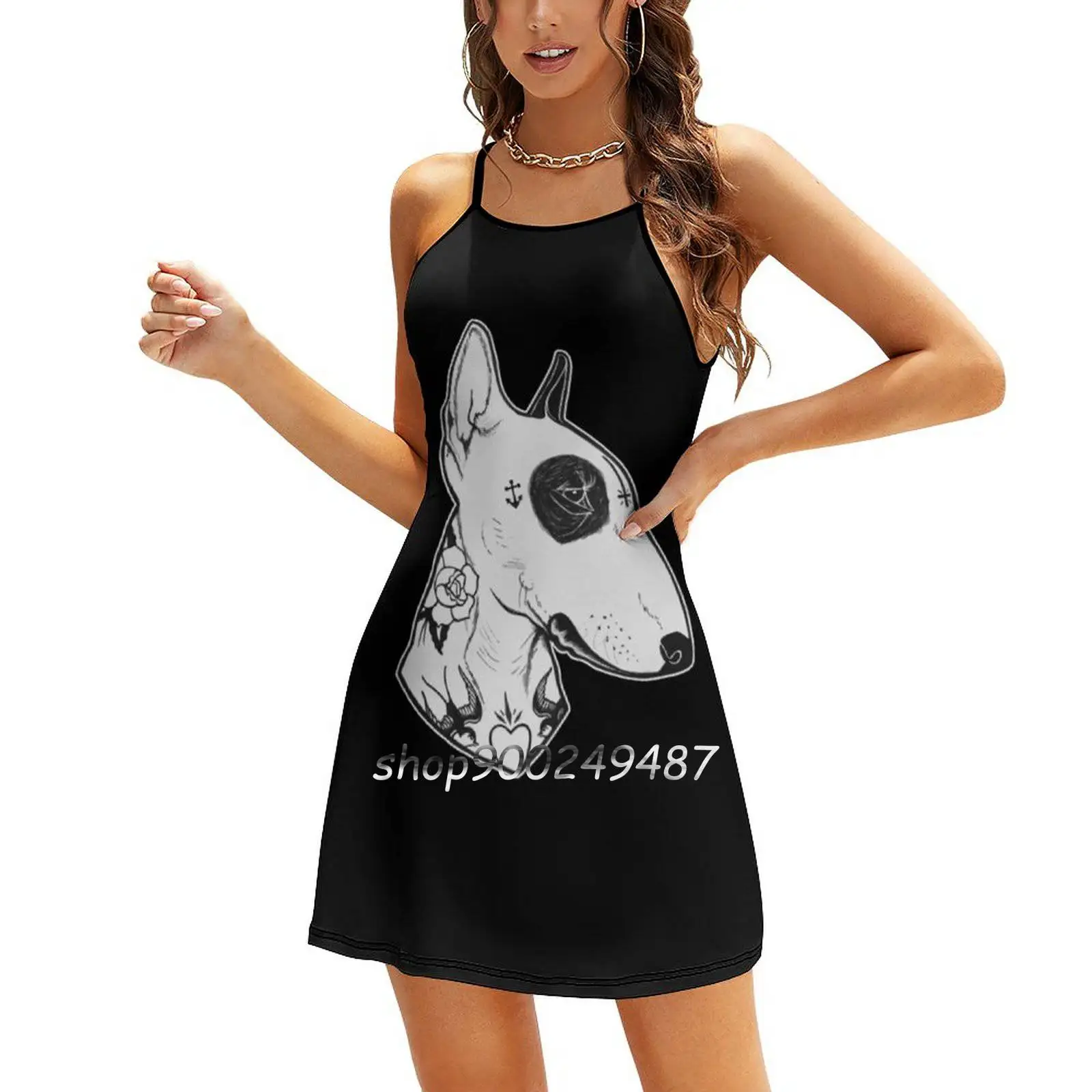 Tattooed Bullterrier Long Sleeve Sexy Dresses For Women 2022 Ladies Vintage Elegant Party Dress Animal Dog Bully Breed Tattoos