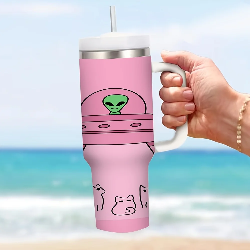 40oz Large Capacity Insulated Tumbler with Handle, Cute Alien UFO Abduct Cat Print, Suitable for Everyone All Year Round, Keeps Drinks Hot Or Cold for Daily Use And Outdoor Travel