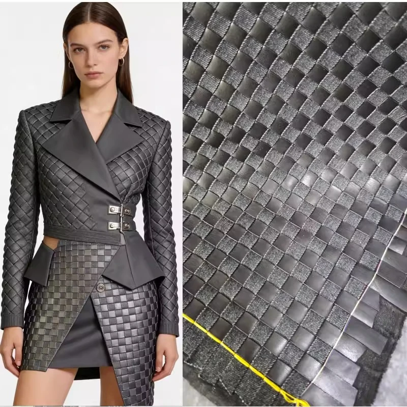 

Black Imitation Denim Checkered Woven PU Fabric for Creative Clothing Luggage Decoration Designer Fabrics By The Meter Cloth