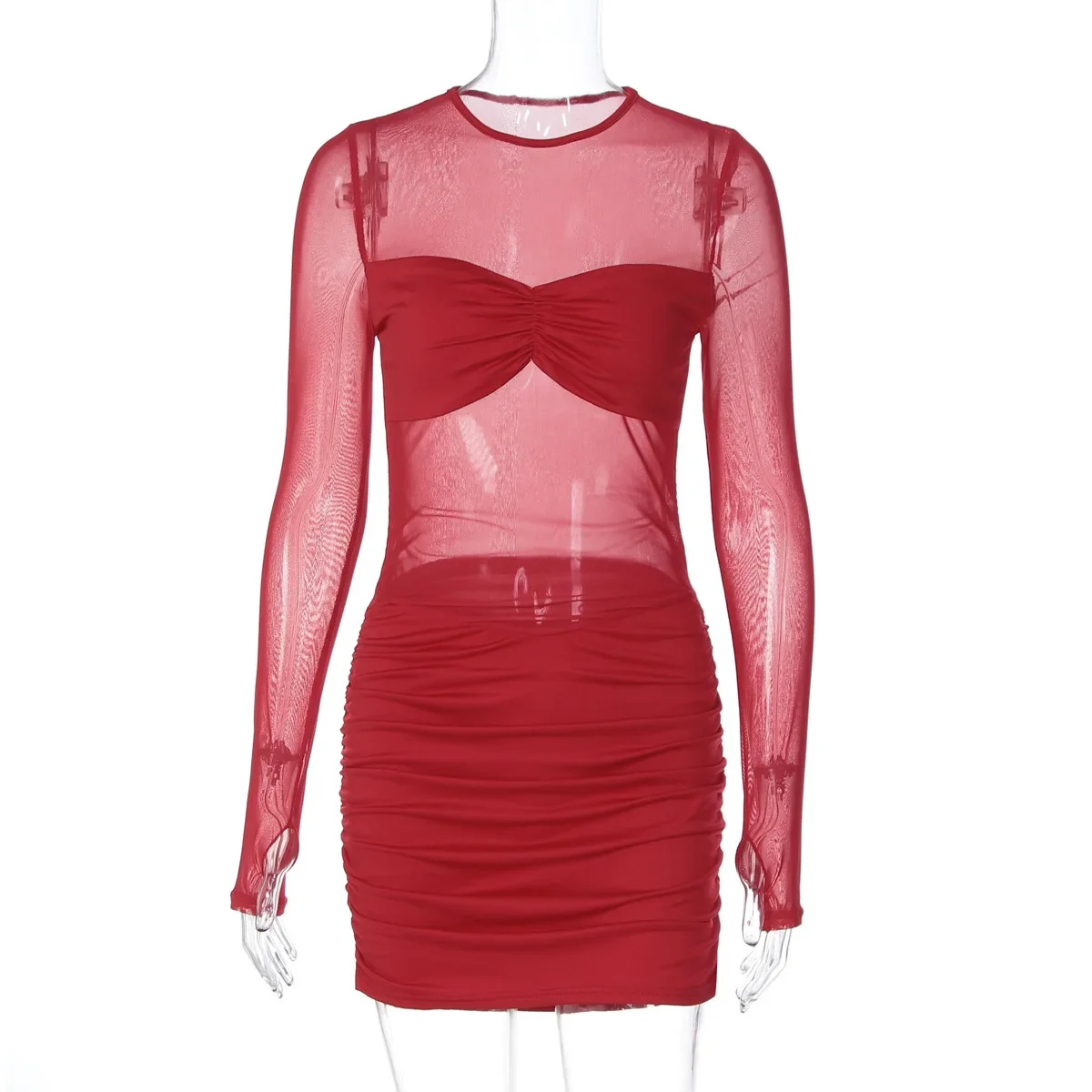 Frauen Durchsichtig Mesh Patchwork Geraffte Bodycon Mini Kleid Solide O Hals Volle Hülse Pfirsich Hüften Schlank Party Clubwear Streetwear