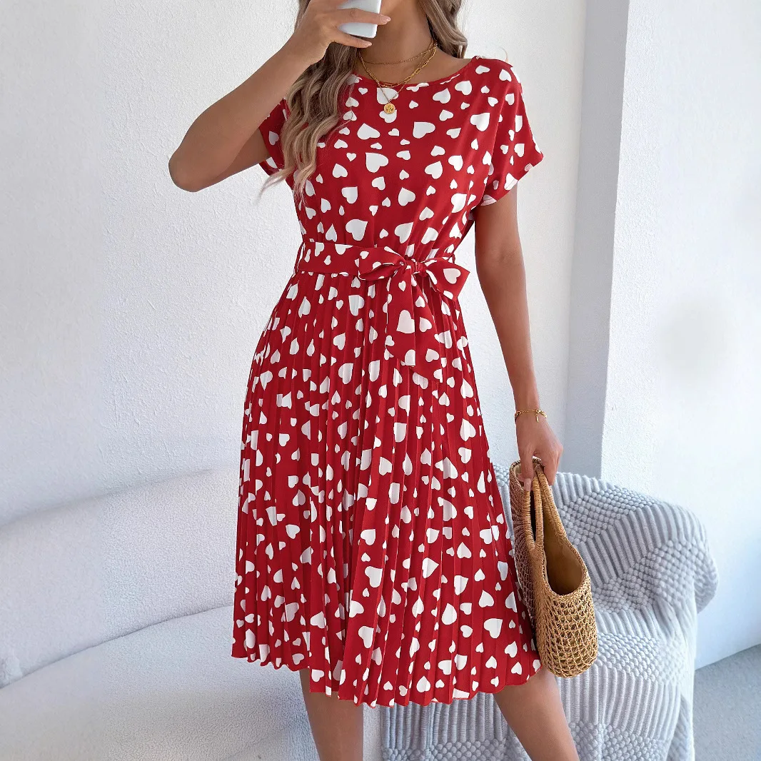 فساتين نسائية قصيرة الأكمام 2025 فستان صيفي بطيات الخصر D dlhie Sukienki Vestidos De Robe L Femmes Vacaciones