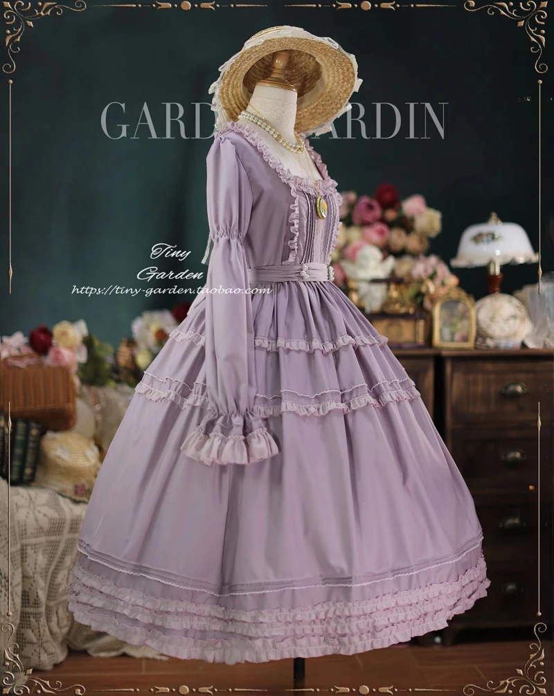 فستان طويل الأكمام للنساء بأكمام منتفخة أنيق لوليتا برقبة مربعة فستان أحمر الزعرور بدون حزام وإكسسوارات