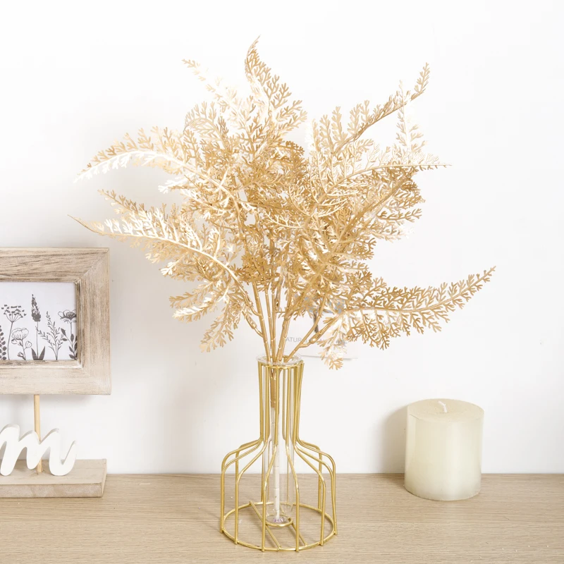 Plantas artificiais de plástico, folha de bordo dourada, eucalipto, decoração de vaso de casa, flores falsas, mimosa, casamento, jardim, acessórios de decoração