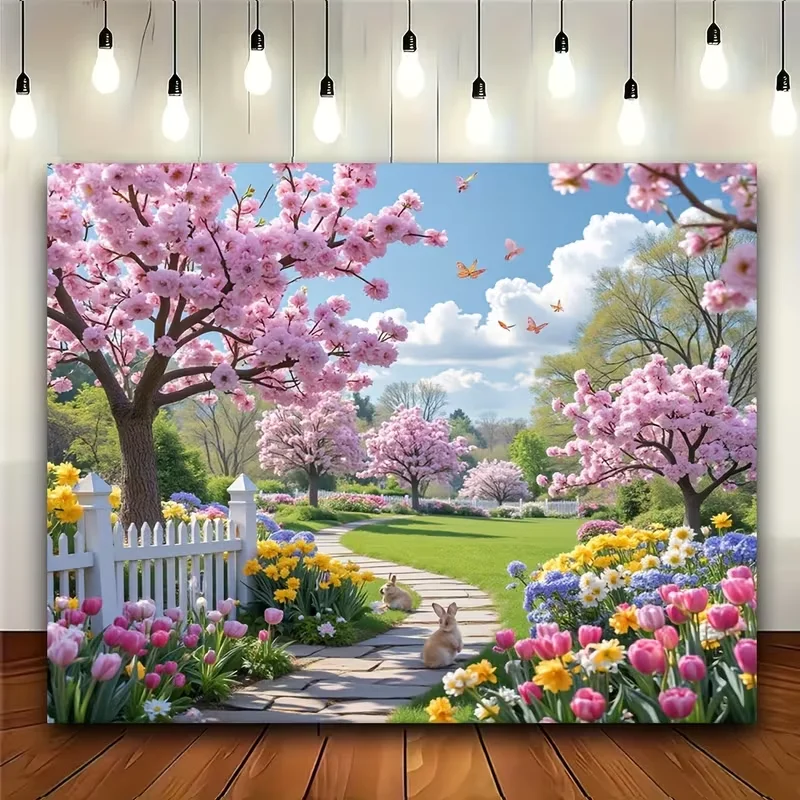 2D-Flachbanner, 1 Stück, Kirschblüten-Frühlingslandschaft, Garten, Polyester-Hintergrundstoff, zum Dekorieren von Wohnzimmer, Schlafzimmer, Büro
