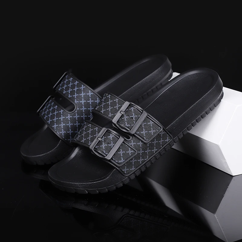 

PVC Leather Slippers Slides Men's Double Buckle Indoor Home Slippers Sandals Summer Outdoor Beach Casual Shoes Big Size 46 47