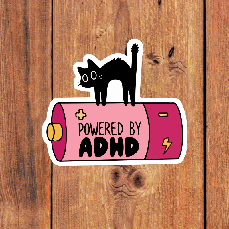 Powered by ADHD Fun Stickers Cartoon Bending Little Black Cat Battery Pattern Luggage Stickers