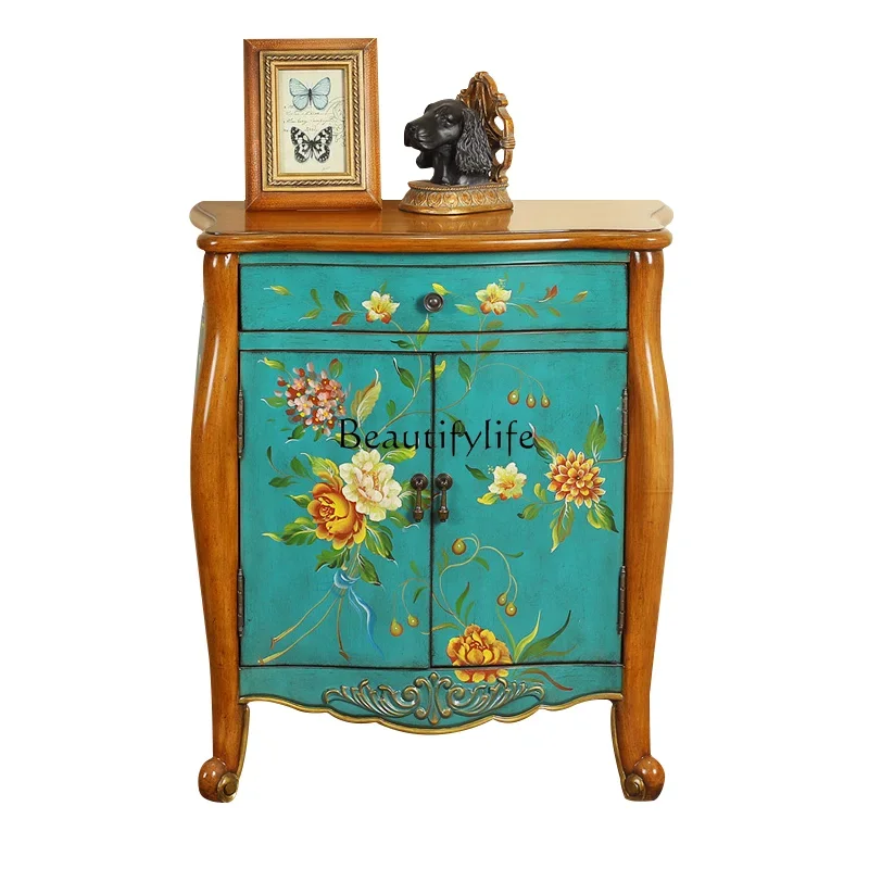 

FG40American old painted bedside table partition two buckets storage retro entrance cabinet