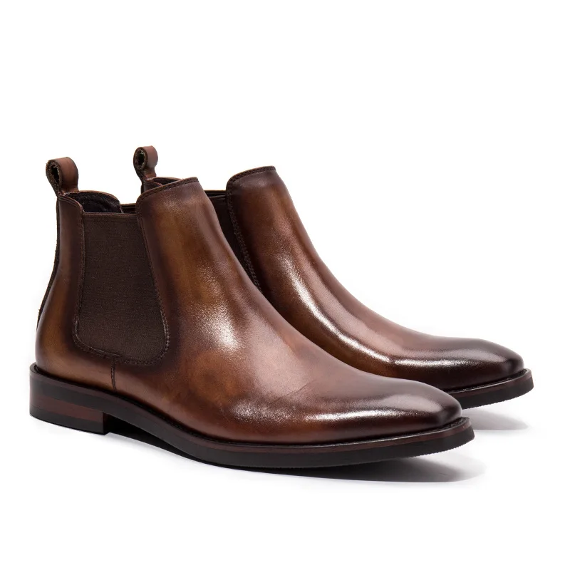 

Wholesale Large and Small Sizes British Chelsea Boots Men Brown Top Layer Cowhide Business Leather Shoes Men One Piece Dropshipp