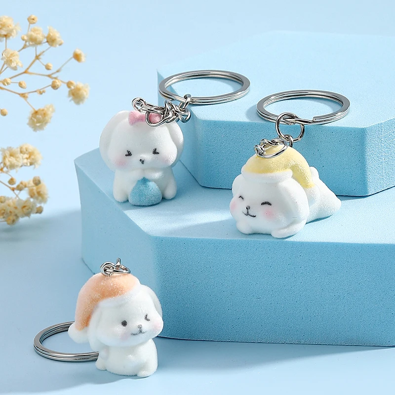 Kawaii Flocking Resin Rabbit Keychain Cartoon Bunny Phone Pendant Headphone Case Charm Backpack Bag Decor Car Key Ring