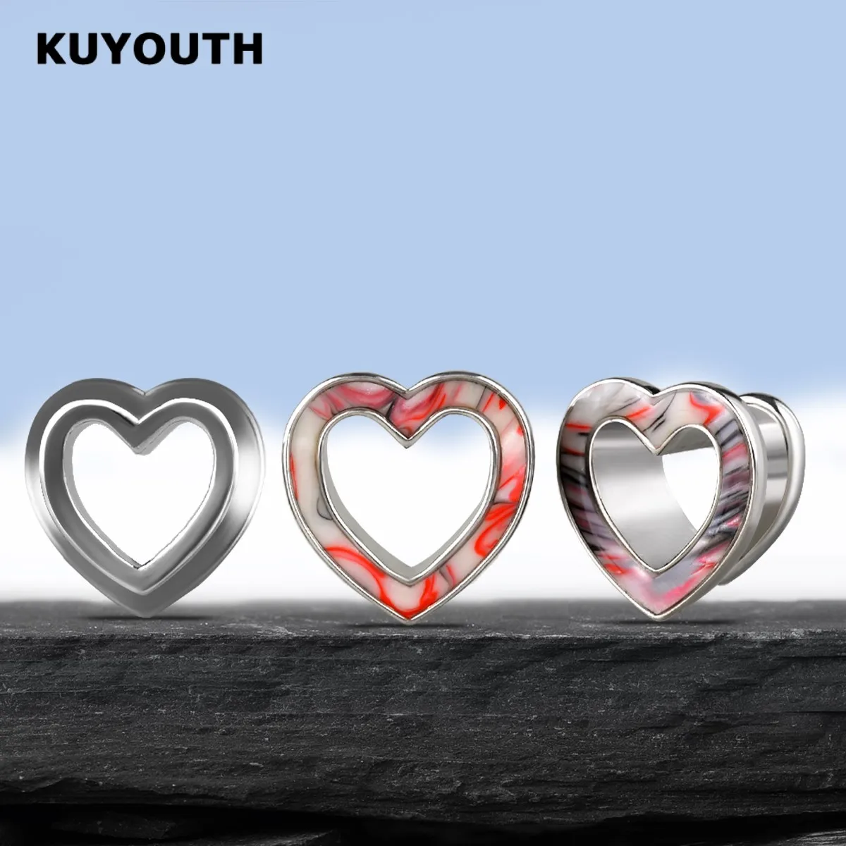 KUYOUTH-أنفاق الأذن على شكل قلب ، مقابس ومقاييس ، نقالات خارقة ، حلق من النحاس ، مجوهرات ، 2 قطعة